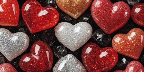 Fototapeta premium A variety of heart-shaped decorations in red, silver, and gold on a dark background.