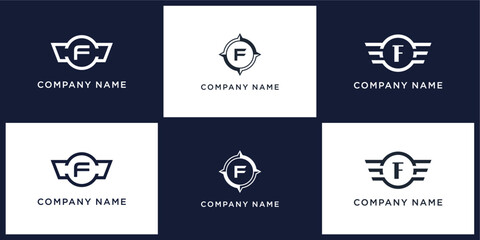 F letter logo set with compass, wing, and ring, editable vector bundle