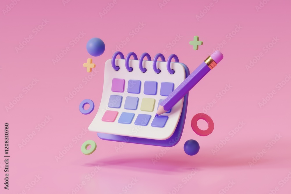 Poster A colorful 3D render of a calendar with a pencil, symbolizing planning and scheduling.