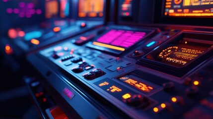 Obraz premium Complex futuristic control panel with glowing buttons, dials, and displays illuminating a dark room, suggesting advanced technology and intricate systems