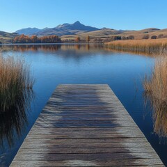 Obraz premium Tranquil Wooden Pier Extending into Serene Blue Lake on a Sunny Day