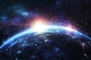 Obraz premium Futuristic Global Network with Digital Connections and Glowing Data Points in a Tech-Inspired Abstract Earth Design
