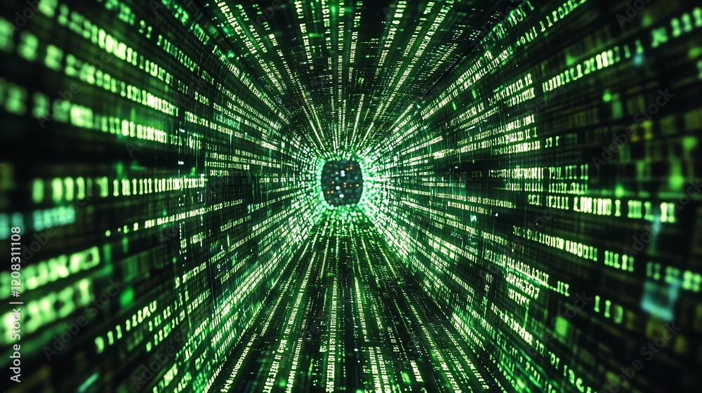 Poster Futuristic Green Binary Code Matrix Tunnel with Digital Light Patterns for Virtual Reality : Generative AI