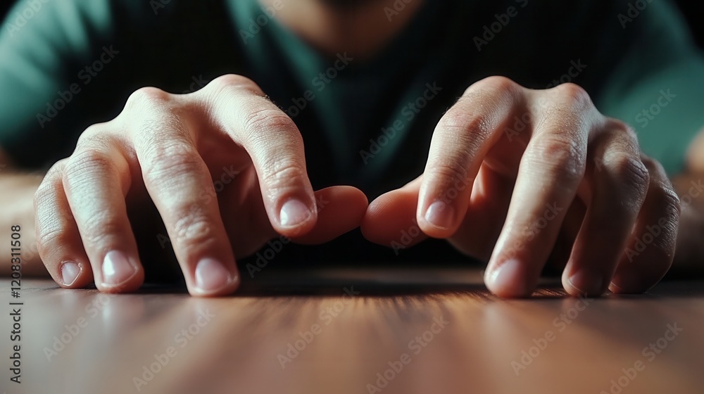 Poster a close-up of fingers nervously tapping on a table, showing hesitation and anxiety