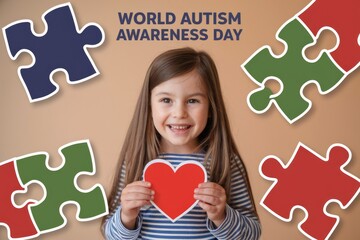 A young girl holds a heart, symbolizing World Autism Awareness Day, surrounded by puzzle pieces.