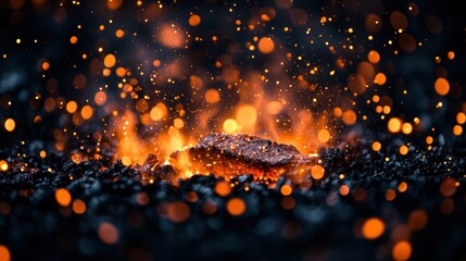 Embers glowing, sparks flying, dark forge, fire background, metalworking