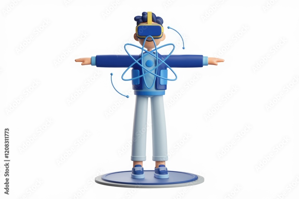 Poster a 3d cartoon man wearing a vr headset interacts with a virtual atom, exploring the metaverse.