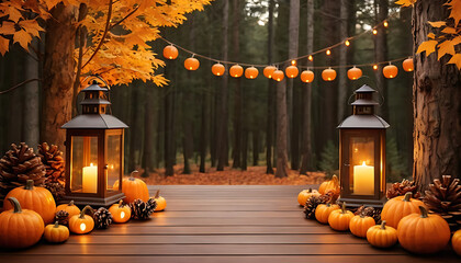 Obraz premium Autumn Lanterns and Pumpkins: A Cozy Fall Forest Scene