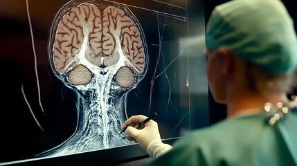 A medical professional examines a detailed MRI scan of the human brain and spinal cord on a large monitor.
