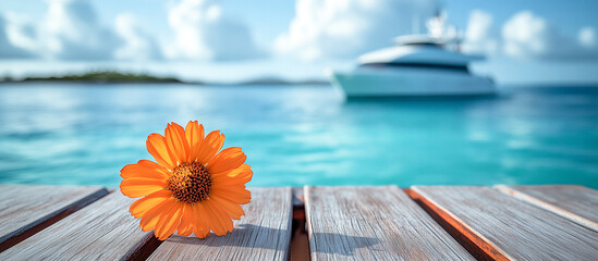 Peaceful seaside escape with a vibrant orange flower on a wooden dock overlooking a luxury yacht in turquoise waters