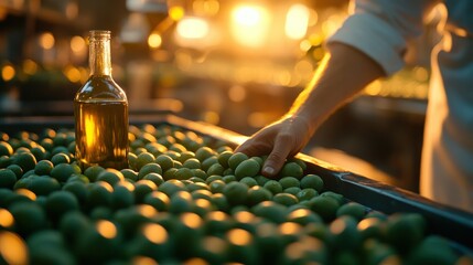 Farmer inspecting olives, oil bottling, sunset harvest