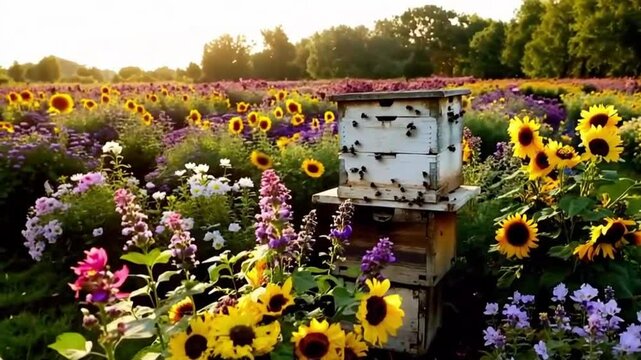 medium shot beehive garden bees flying blooming or vibrant flowers symbiotic relationship environment or teamwork in nature