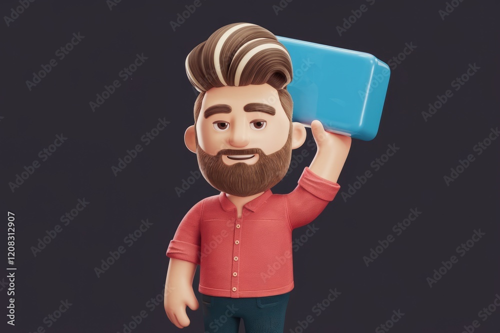 Poster a stylish 3d cartoon man with a beard holds a light blue rectangular object.
