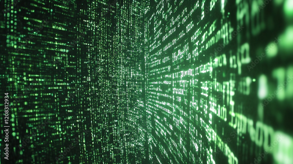 Aufkleber Futuristic Green Code Matrix Digital Wall Data Stream Backdrop : Generative AI