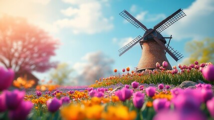Idyllic Spring Landscape: Windmill Amidst Vibrant Tulips