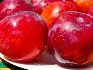 fresh ripe plums on white plate
