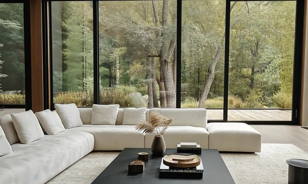 Modern living room interior with a comfortable sofa, stylish furniture, and large windows, perfect for contemporary home design