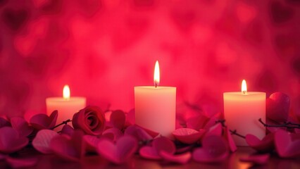 Romantic background with candles and rose petals.