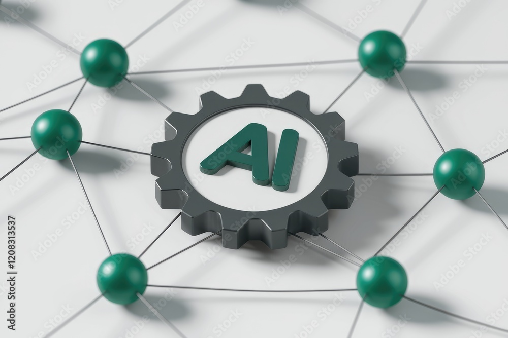 Aufkleber AI-powered network visualized with interconnected nodes and a central gear, symbolizing intelligent automation and synergy.