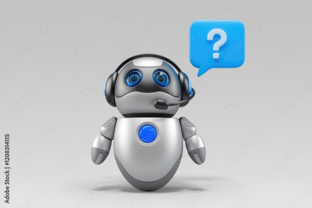 Poster a friendly robot with a headset, ready to answer your questions and provide assistance.