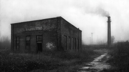 Obraz premium Derelict brick building and smokestack in foggy landscape.
