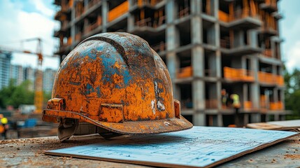 Rusty Helmet at Construction Site:  A symbol of hard work, dedication, and the ongoing process of building.