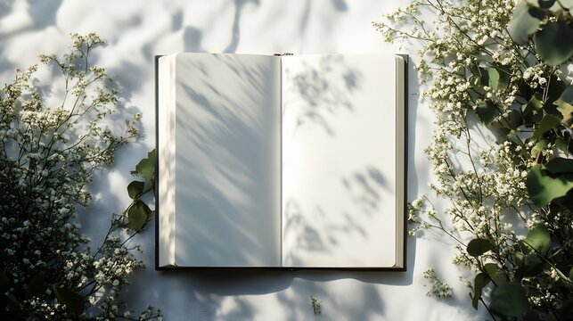 Blank Notebook with Floral Shadows on Textured Surface for Artistic Inspiration and Relaxation : Generative AI