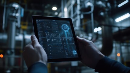 Industrial engineer utilizing a digital tablet equipped with augmented reality software, monitoring and analyzing the production line within a heavy industry factory environment