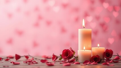 Romantic background with candles and rose petals.