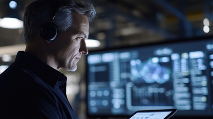 Network engineer wearing headphones working with computer and tablet analyzing displayed program code in a system control room with blue light