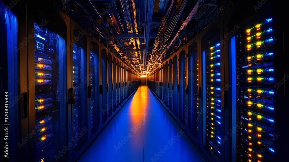 Leinwandbilder illuminated data center corridor with vibrant led lights and high tech server cabinets : generative 
