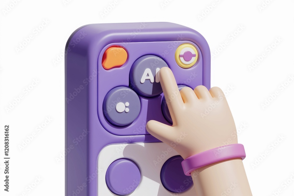 Poster a 3d rendered cartoon hand presses the 'a' button on a purple remote control.