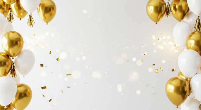 Balloon birthday background confetti anniversary happy gold party ballon white.	