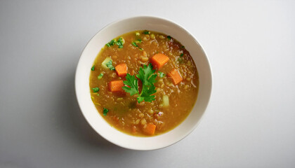 A comforting bowl of lentil soup with carrots, celery, and onions, garnished with fresh parsley, served in a white bowl. Perfect for cozy meals, wellness recipes, or wholesome food visuals