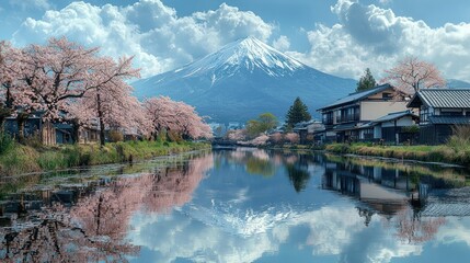 Serene Reflection of Mount Fuji and Cherry Blossoms