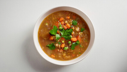 A comforting bowl of lentil soup with carrots, celery, and onions, garnished with fresh parsley, served in a white bowl. Perfect for cozy meals, wellness recipes, or wholesome food visuals