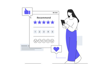 Feedback page concept. Character giving review and filling webpage form with client experience. Flat Cartoon Vector Illustration, icon. Stylish abstract 