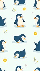 Fototapeta premium Seamless Pattern of Cute Cartoon Penguins with Minimalist Floral Accents on Light Blue Background