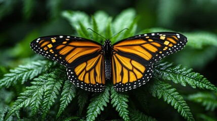 Fototapeta premium Monarch Butterfly on Fern: A Vibrant Nature Close-up
