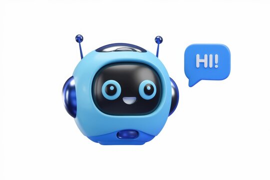 A cute blue robot with antennas says 'Hi!' in a speech bubble.