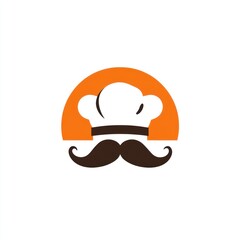 Fototapeta premium Chef hat and mustache silhouette against orange circle backdrop, culinary, menu, or restaurant use