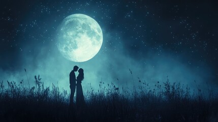 Romantic Silhouettes of Couple Under Moonlit Night Sky
