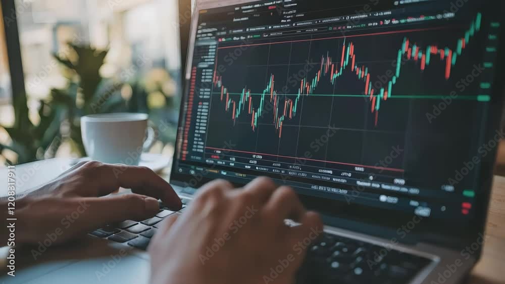 Poster businessman is analyzing cryptocurrency investment using laptop showing stock chart while enjoying a