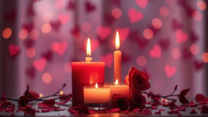 Romantic background with candles and rose petals.