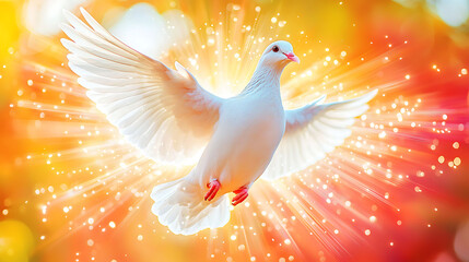 Fototapeta premium A radiant white dove in flight, bathed in a warm, golden light. Its wings are outstretched, creating a dynamic, spiritual image perfect for religious themes, hope, peace, or inspirational projects.