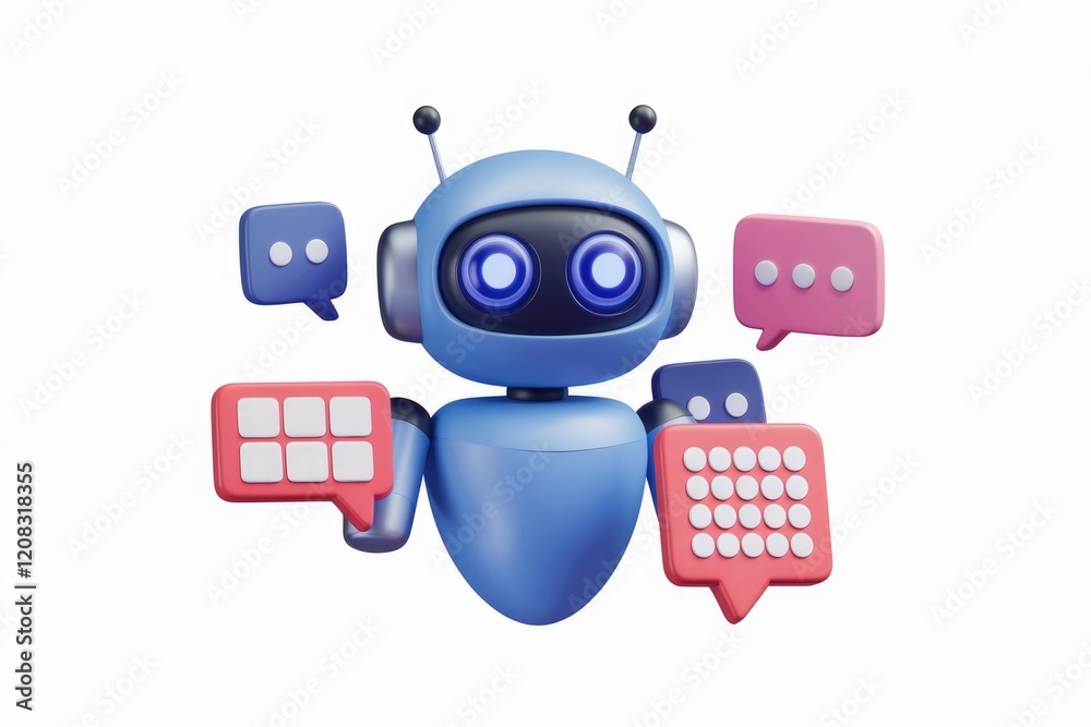 Poster a friendly blue robot surrounded by various communication bubbles, symbolizing ai assistance and int