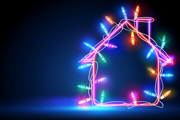 Neon house shape decorated with colorful Christmas lights on a dark background. Copy Space 