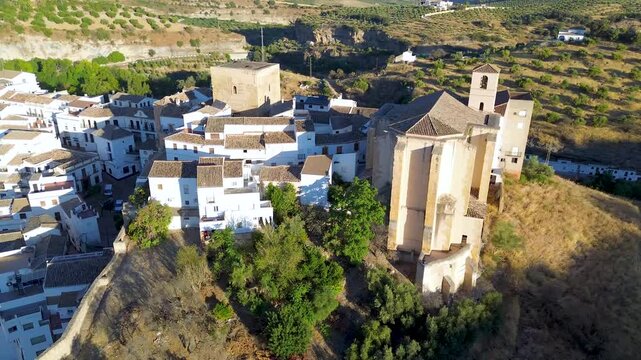 Drone view of Church of Our Lady of the Incarnation, in Setenil de las Bodegas, Cadiz, Andalusia, Spain.