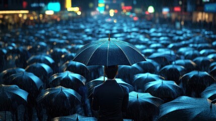 A person holding a uniquely shaped umbrella in a crowd of plain ones on a rainy street