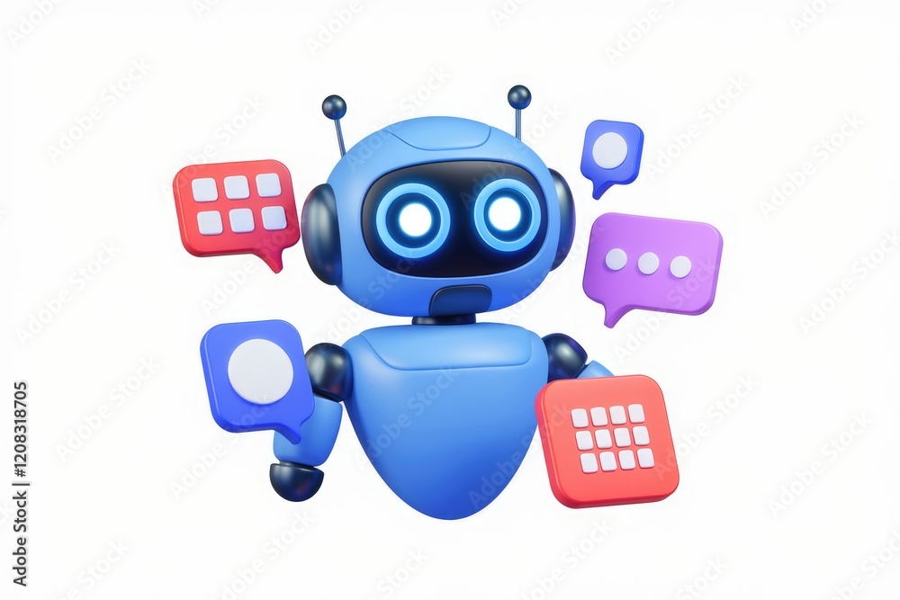 Poster A cute blue robot interacts with various colorful communication bubbles, symbolizing AI and digital communication.